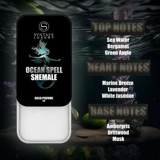 SYNTAFX OCEAN SPELL Luxury Solid Perfume For Women 10g with fragrance notes including sea water, lavender, and ambergris, shown in underwater theme.