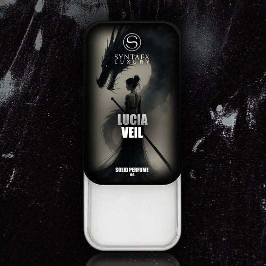 Lucia Veil Solid Perfume for women 10g by SYNTAFX LUXURY in sleek black case with warrior-themed design, ideal for luxury gifting.