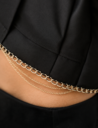 Women Black Korean Style Blazer Crop Top & Chain Skirt Set with Free High Thigh Stockings