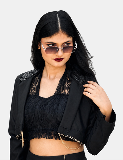 Women Black Korean Style Blazer Crop Top & Chain Skirt Set with Free High Thigh Stockings