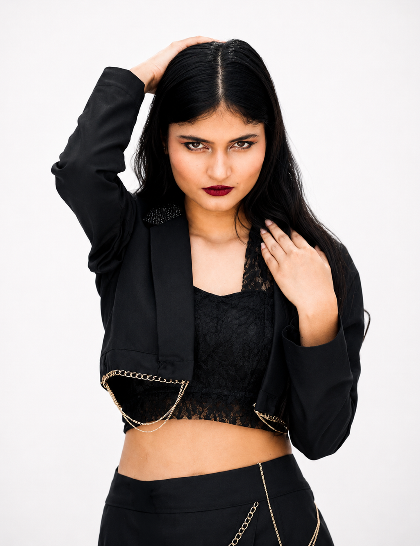 Women Black Korean Style Blazer Crop Top & Chain Skirt Set with Free High Thigh Stockings