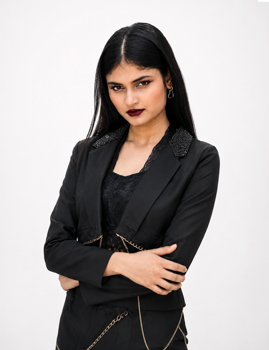 Women Black Korean Style Blazer Crop Top & Chain Skirt Set with Free High Thigh Stockings