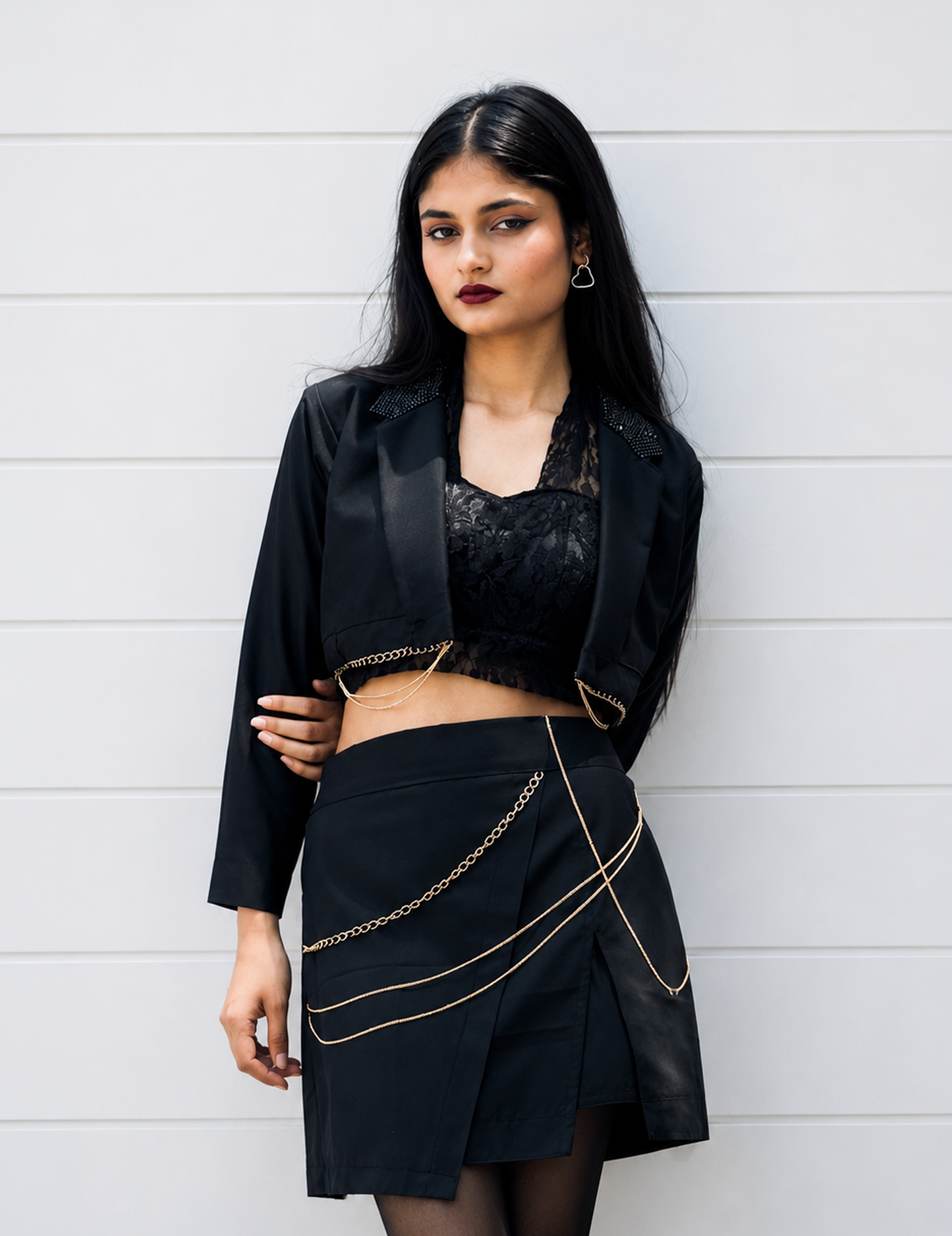 Women Black Korean Style Blazer Crop Top & Chain Skirt Set with Free High Thigh Stockings
