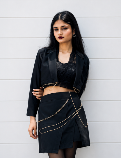 Women Black Korean Style Blazer Crop Top & Chain Skirt Set with Free High Thigh Stockings