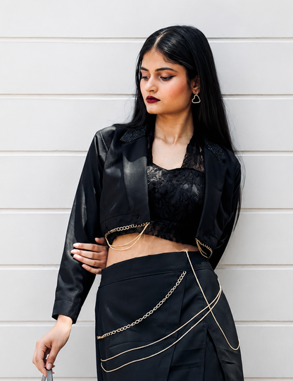 Women Black Korean Style Blazer Crop Top & Chain Skirt Set with Free High Thigh Stockings